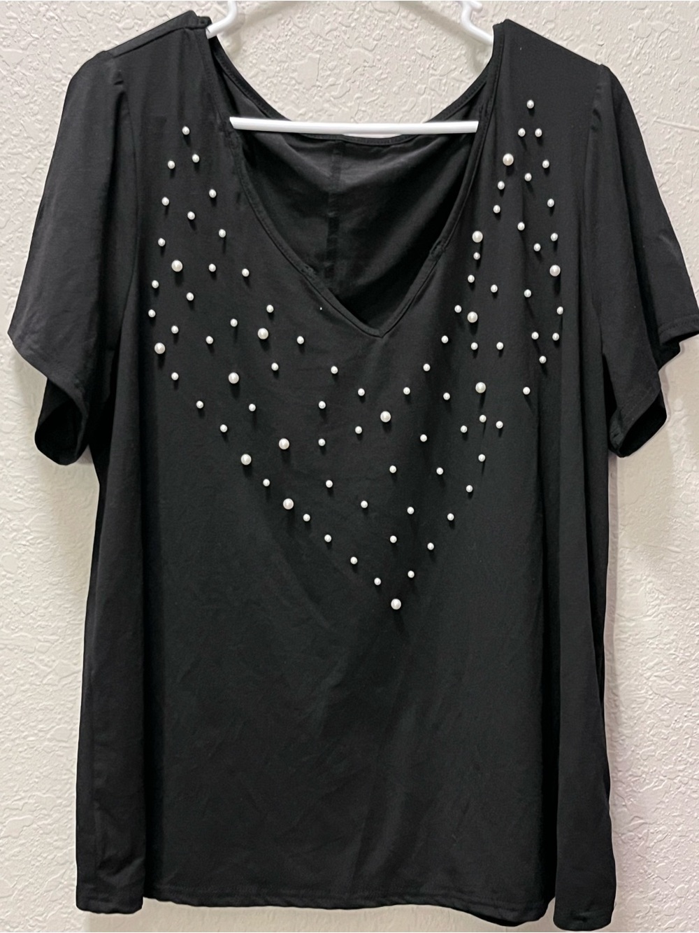 SHEIN Black V-Neck Pearl-Accent Short Sleeve Top